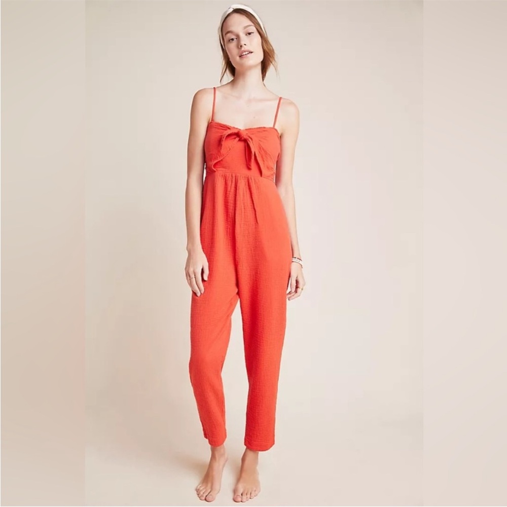 Anthropologie Saturday Sunday Isabel Tie Front Red Cotton Jumpsuit size XS